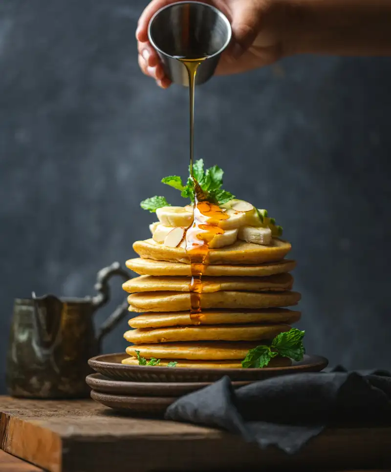 Chocolate banana pancakes with fruit