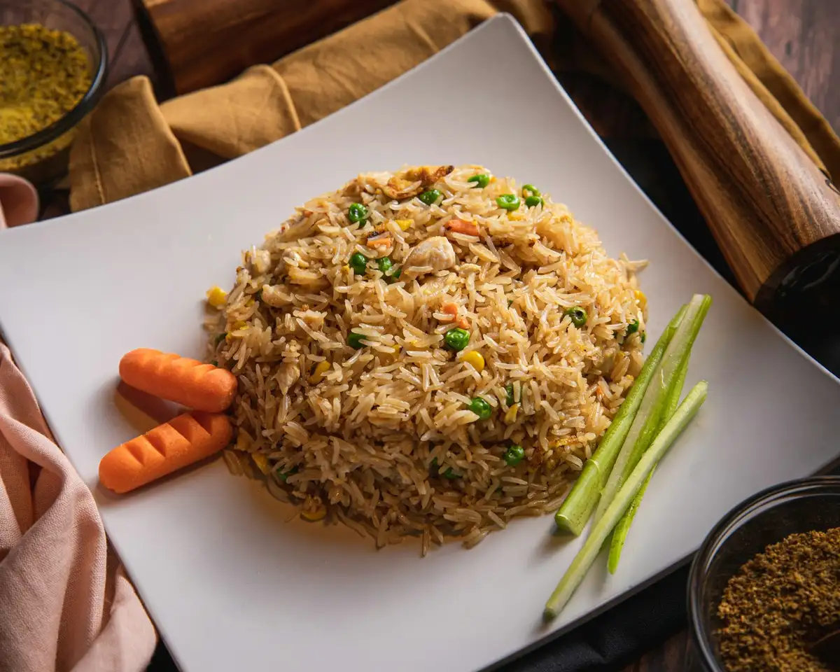 A bowl of egg fried rice with vegetables and chopsticks